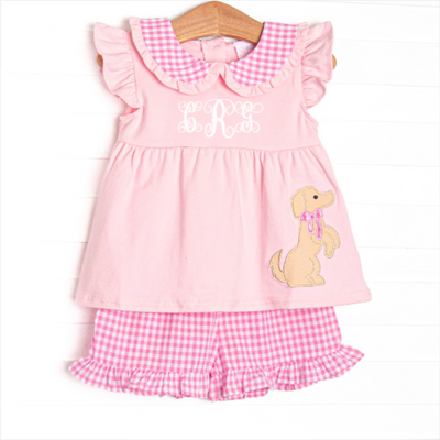 Sit, Stay, Play Applique Ruffle Short Set, Pink