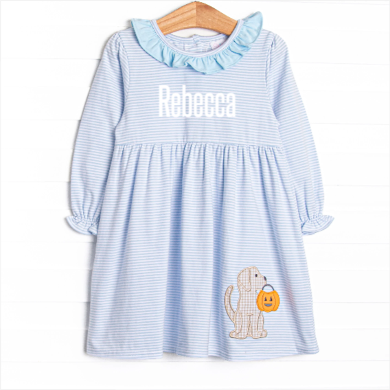 Snack O'Lantern Pup Applique Dress, Blue