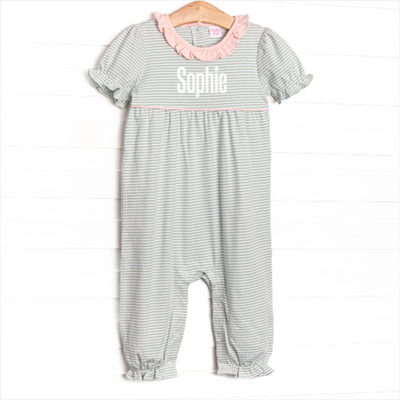 Sophie Pima Long Romper, Light Pink and Sage Stripe