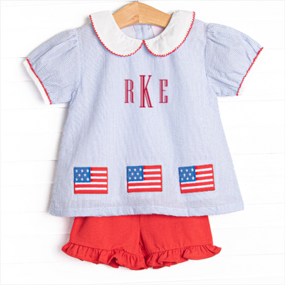 Stars and Stripes Applique Ruffle Short Set, Blue