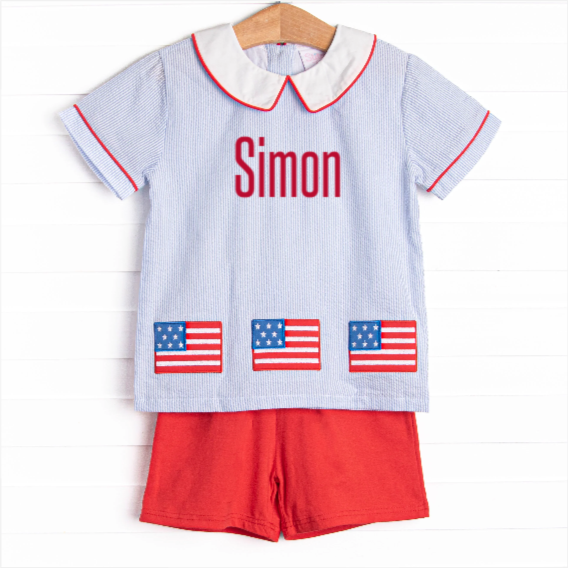 Stars and Stripes Applique Short Set, Blue