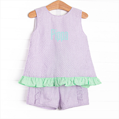 Subtle Seersucker Ruffle Short Set, Purple
