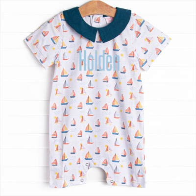 Sunset Sailing Collared Romper, Blue
