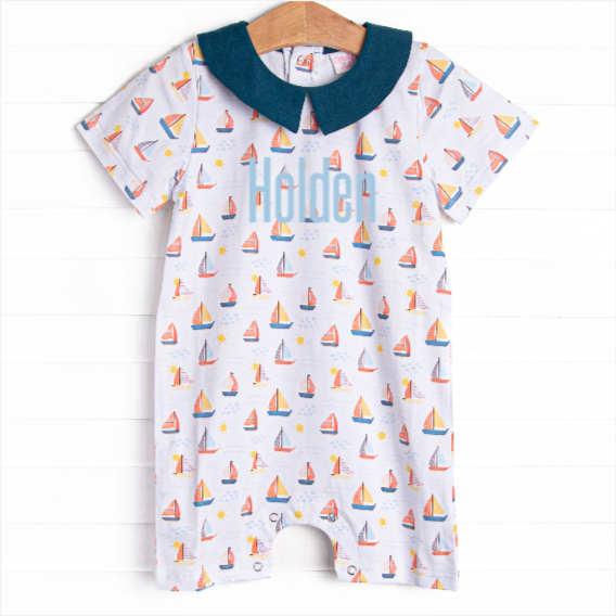 Sunset Sailing Collared Romper, Blue