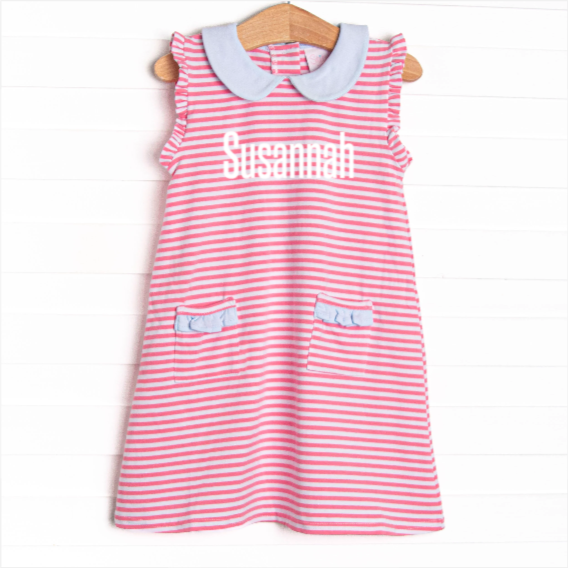 Susannah Pocket Dress, Light Blue and Medium Pink Stripe