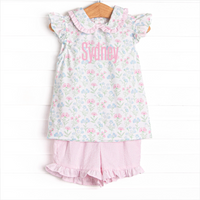 Sweet Pea Seersucker Ruffle Short Set, Pink