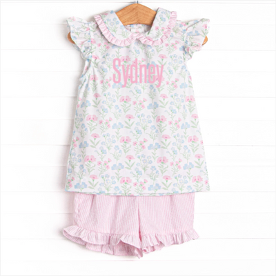 Sweet Pea Seersucker Ruffle Short Set, Pink