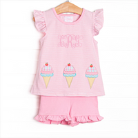 Sweet Tooth Applique Ruffle Short Set, Pink