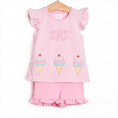 Sweet Tooth Applique Ruffle Short Set, Pink