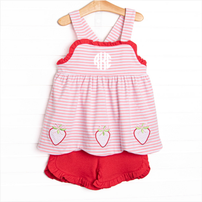 Sweetest Pick Applique Ruffle Short Set, Pink Stripe