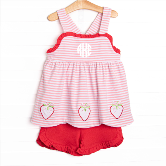 Sweetest Pick Applique Ruffle Short Set, Pink Stripe