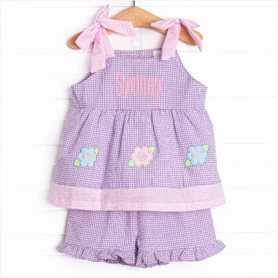 Swirls and Sprouts Applique Short Set, Purple