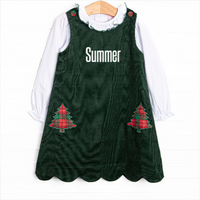 Tartan Trees Applique Dress Set, Green
