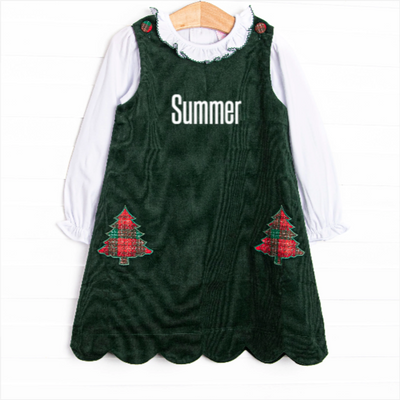 Tartan Trees Applique Dress Set, Green