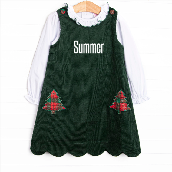 Tartan Trees Applique Dress Set, Green