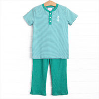 Tucker Short Sleeve Pant Set, Teal Stripe