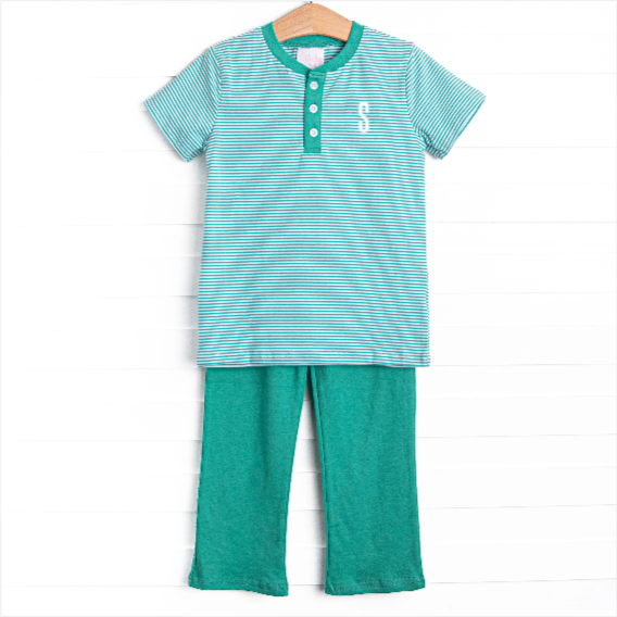 Tucker Short Sleeve Pant Set, Teal Stripe