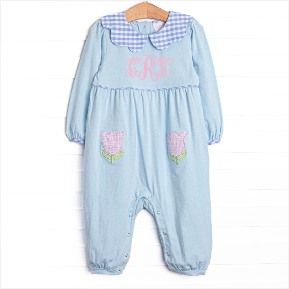 Two Tulips Applique Romper, Blue