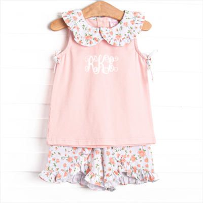 Vienna Vines Collared Ruffle Short Set, Pink