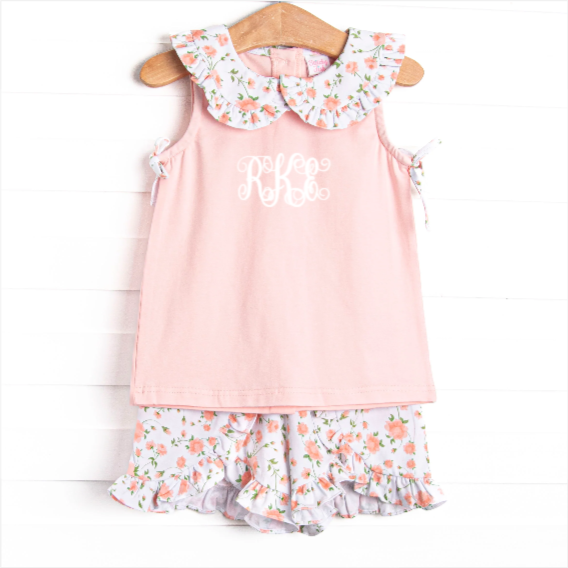Vienna Vines Collared Ruffle Short Set, Pink