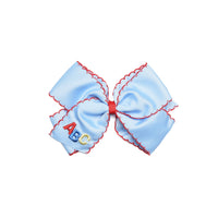 ABC Embroidered Moonstitch Grosgrain Hair Bow, Blue with Red Stitch