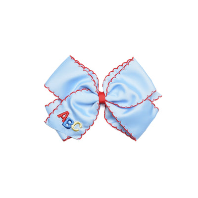 ABC Embroidered Moonstitch Grosgrain Hair Bow, Blue with Red Stitch