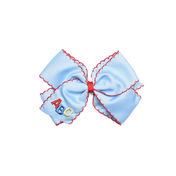 ABC Embroidered Moonstitch Grosgrain Hair Bow, Blue with Red Stitch