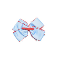 ABC Embroidered Moonstitch Grosgrain Hair Bow, Blue with Red Stitch
