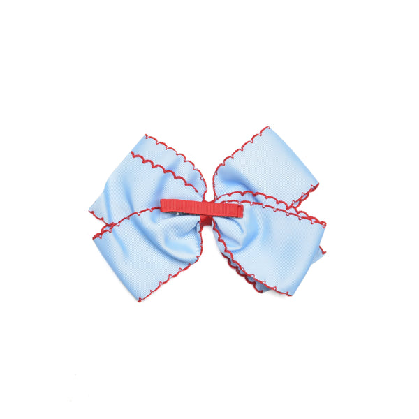 ABC Embroidered Moonstitch Grosgrain Hair Bow, Blue with Red Stitch