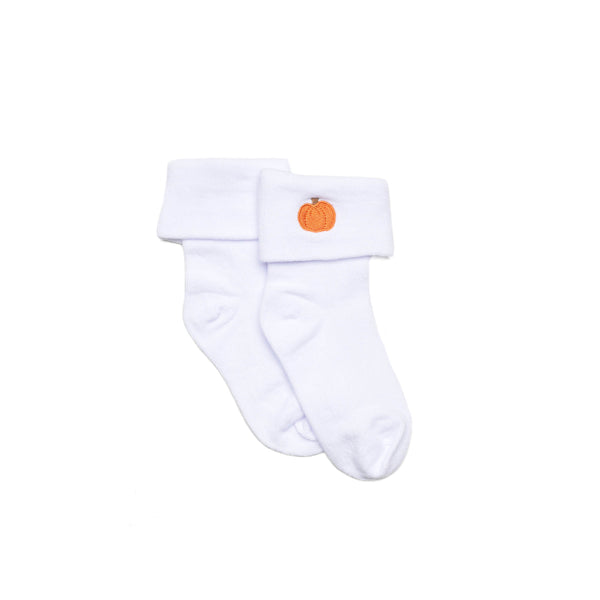 Pumpkin Embroidered Fold Over Ankle Sock, White