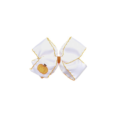Pumpkin Embroidered Moonstitch Grosgrain Hair Bow, White with Orange Stitch