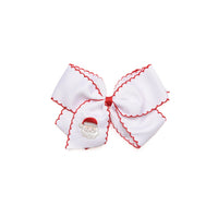 Santa Claus Embroidered Moonstitch Grosgrain Hair Bow, White with Red Stitch
