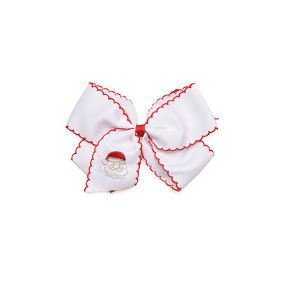 Santa Claus Embroidered Moonstitch Grosgrain Hair Bow, White with Red Stitch