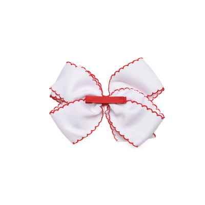 Santa Claus Embroidered Moonstitch Grosgrain Hair Bow, White with Red Stitch