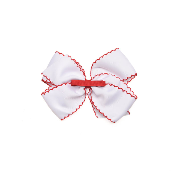 Santa Claus Embroidered Moonstitch Grosgrain Hair Bow, White with Red Stitch
