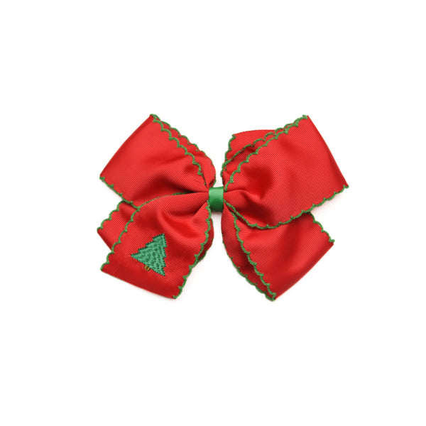Christmas Tree Embroidered Moonstitch Grosgrain Hair Bow, Red with Green Stitch
