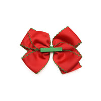 Christmas Tree Embroidered Moonstitch Grosgrain Hair Bow, Red with Green Stitch