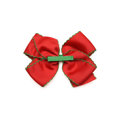 Christmas Tree Embroidered Moonstitch Grosgrain Hair Bow, Red with Green Stitch