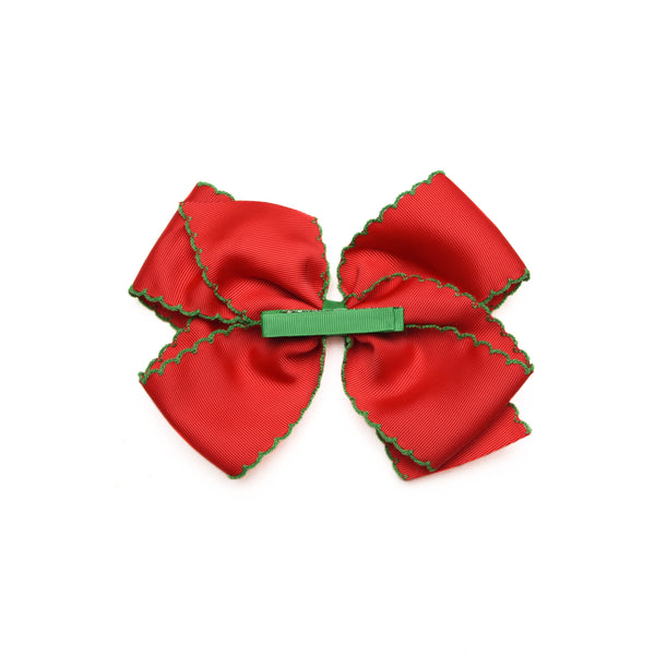 Christmas Tree Embroidered Moonstitch Grosgrain Hair Bow, Red with Green Stitch