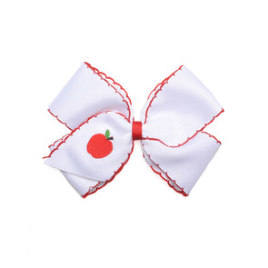 Apple Embroidered Moonstitch Grosgrain Hair Bow, White with Red Stitch