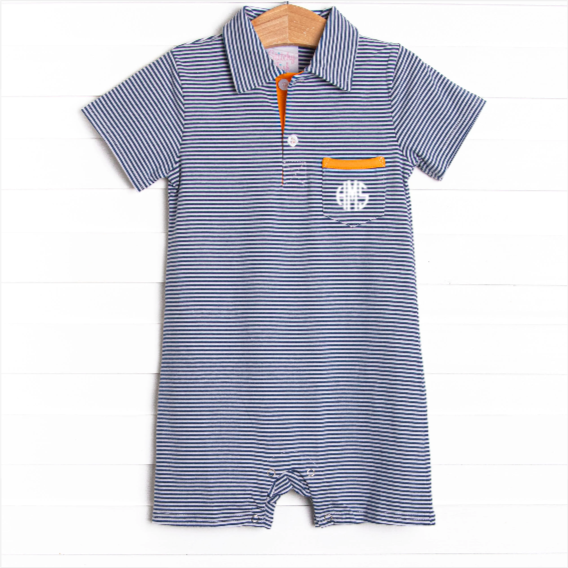Wesley Short Romper, Orange and Navy Stripe