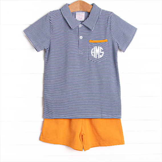 Wesley Short Set, Orange and Navy Stripe