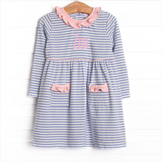Zoe Ruffle Pocket Dress, Light Pink and Periwinkle Stripe