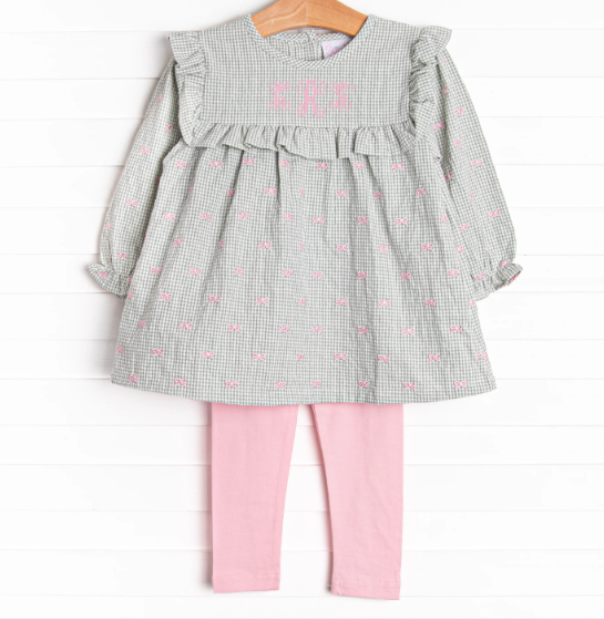 Brooksy Bows Embroidered Legging Set, Green Gingham