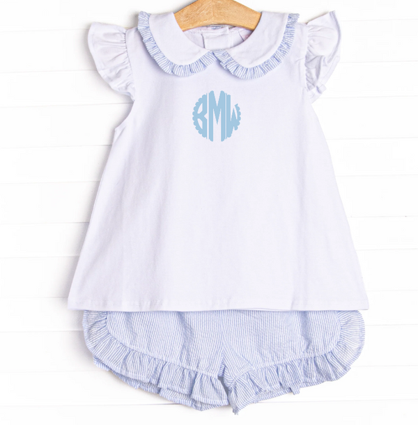 Spring Seersucker Ruffle Short Set, Blue
