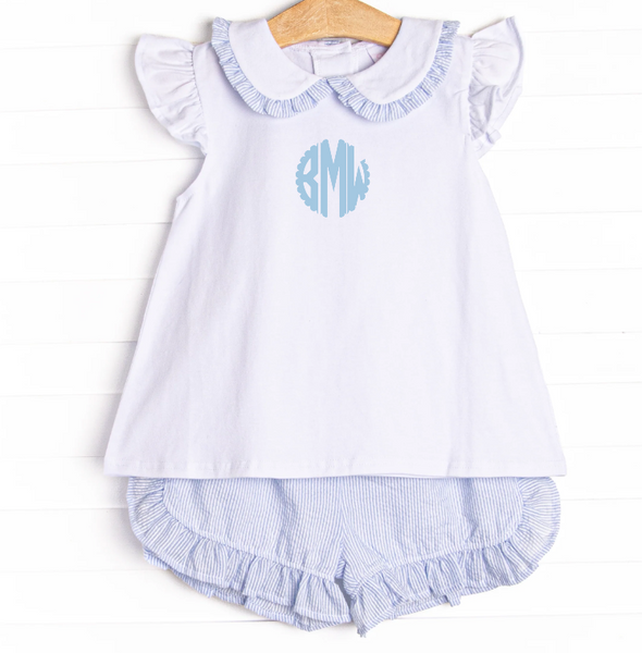 Spring Seersucker Ruffle Short Set, Blue