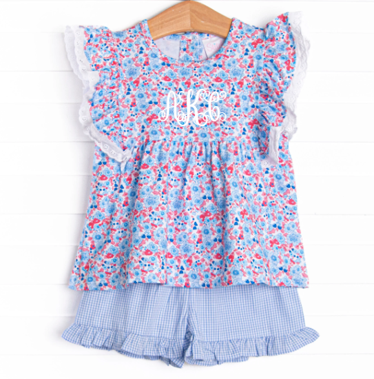 Red, White and Bloom Ruffle Short Set, Blue