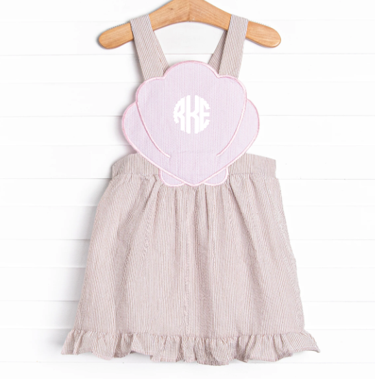 Shelley's Seashells Applique Dress, Tan Seersucker