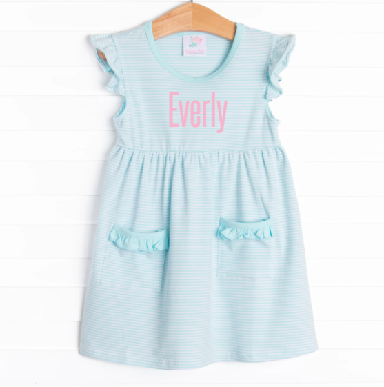 Everly Dress, Aqua Stripe