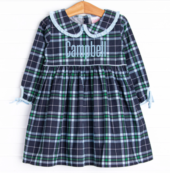 Campbell Long Sleeve Dress, Navy Plaid Stitchy Fish Campbell Long Sleeve Dress, Navy Plaid Stitchy Fish
